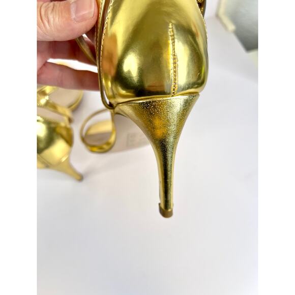 ASOS Size 8 Gold Shiny 3 Inch Ankle Strap Heels Open Toe - Picture 7 of 15